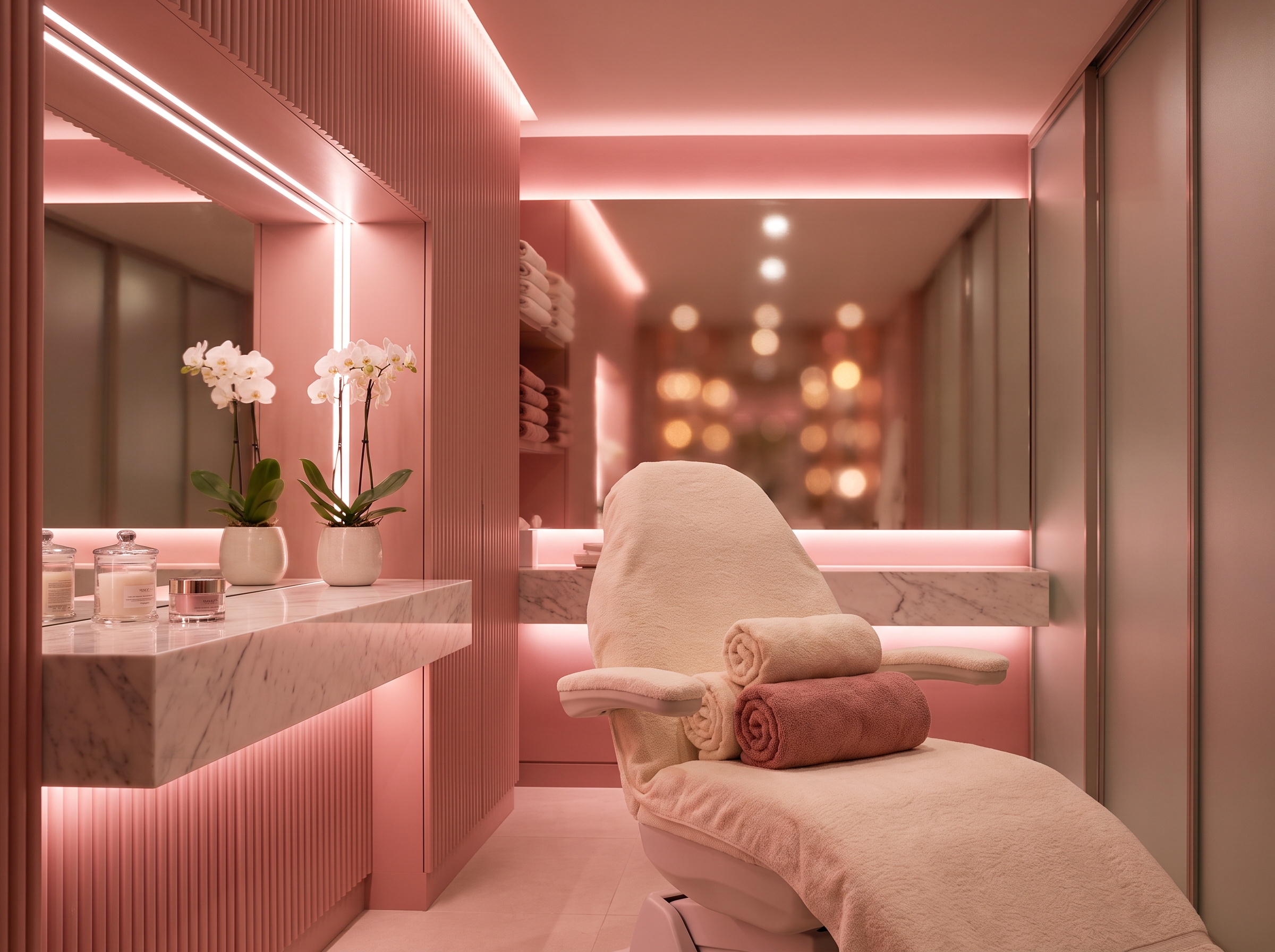 Luxe behandelruimte in een moderne schoonheidssalon met roze sfeerverlichting